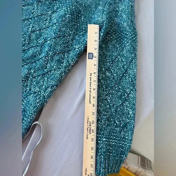 Soft Surroundings Women's Teal 1/4 Zip Aran Cable Knit Sweater Size M Wool Blend - Picture 2 of 10